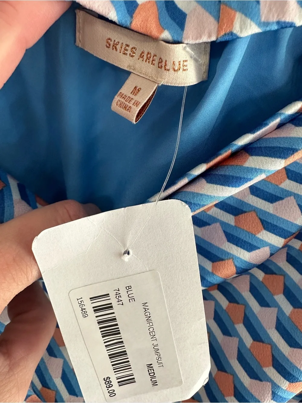 Skies Are Blue Blue Geometric Strapless Jumpsuit with Peach Accents Retro Vibe M
